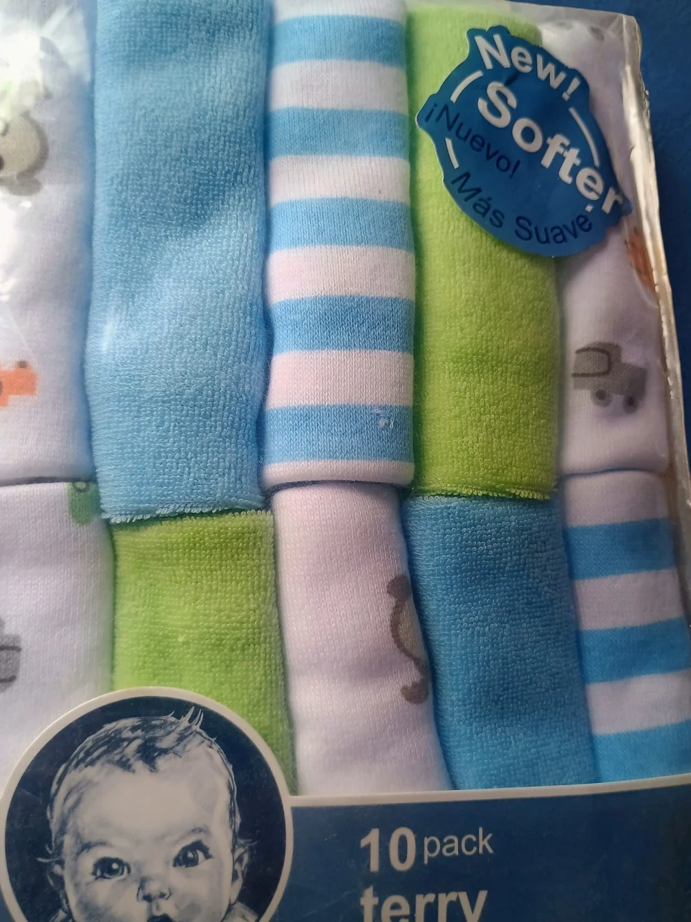 NEW- Gerber 10 Pack Terry Washcloths. Blue And Green With Various Themes